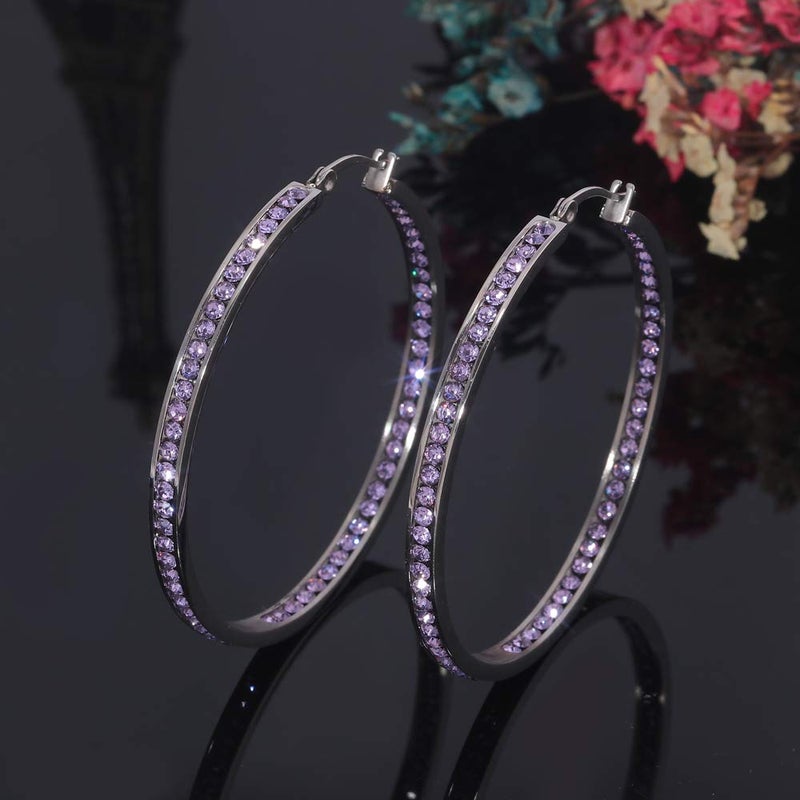 CiNily Purple Cubic Zirconia Stainless Steel Hoop Earring for Women Hypoallergenic Jewelry for Sensitive Ears Large Big Hoop Earrings 2" - Image 3